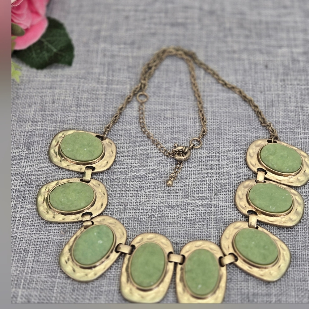 Vintage Handcrafted Large Gold Tone Statement Necklace Rough Green Stones